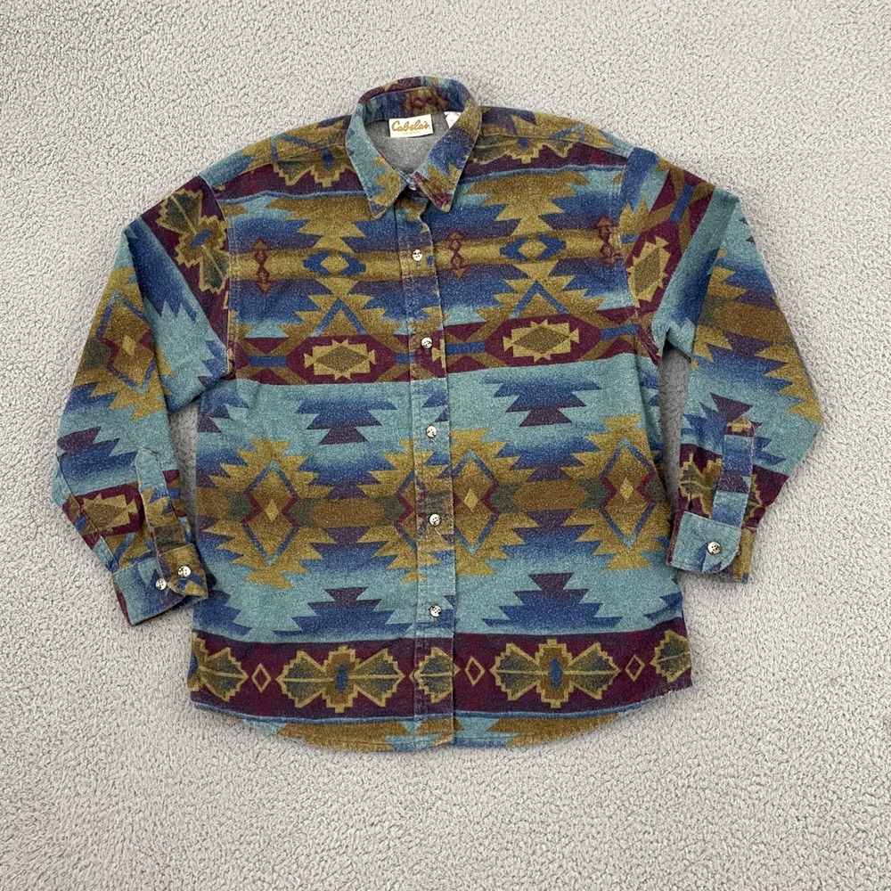Cabelas For Women VTG Flannel Shirt M Southwestern Geometric Cotton Button Up